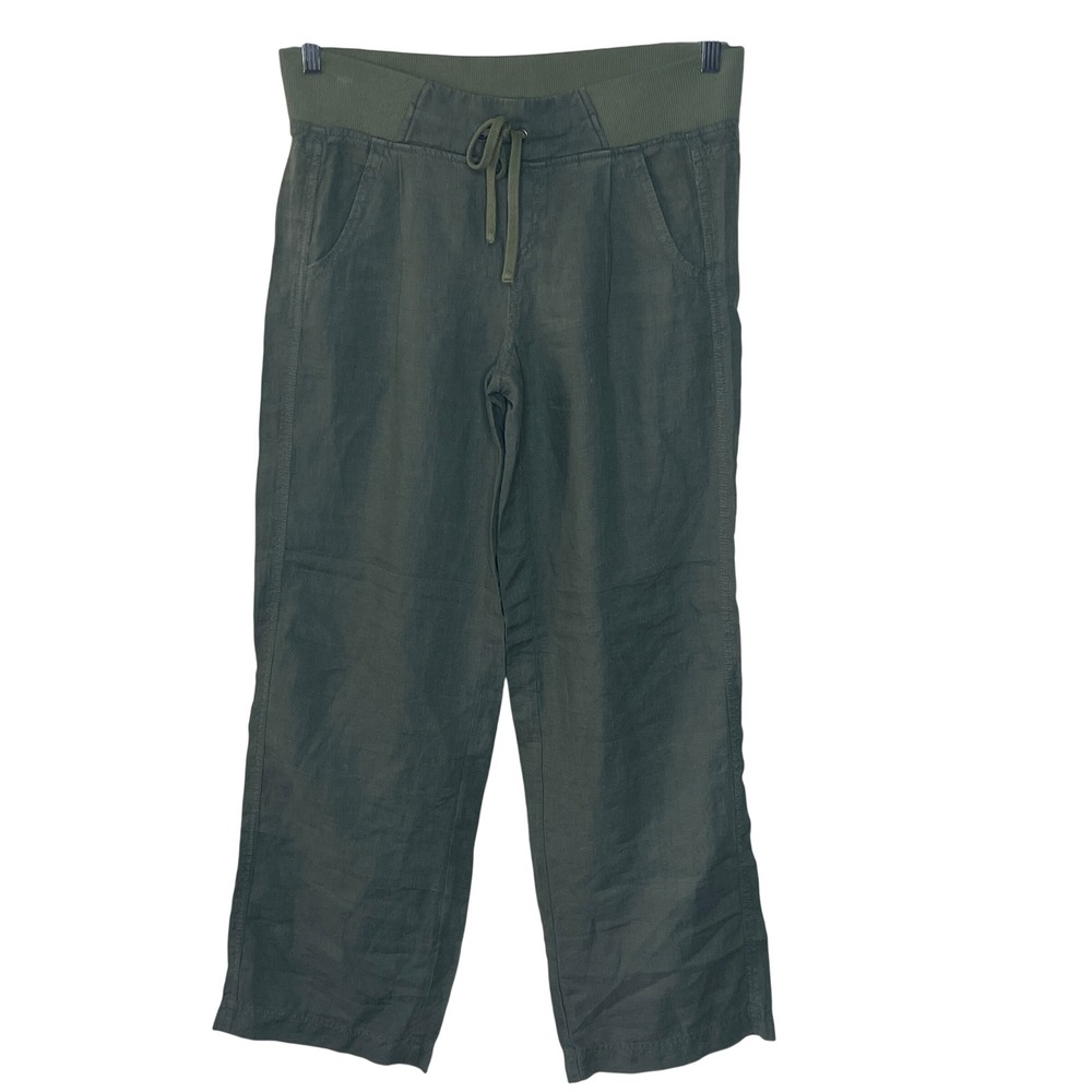 Athleta  Olive Green Linen Blend  Wide Leg  Elastic Waist Drawstring Pants